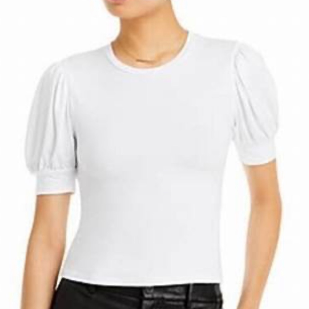 Bloomingdale's Aqua White Short Sleeve Puff Top, New with tags, Never been worn